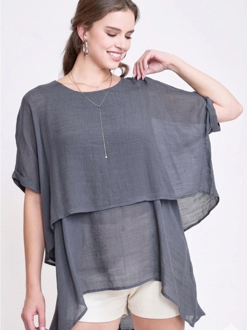 Umgee Layered Short-Sleeve Tunic in Charcoal Gray
